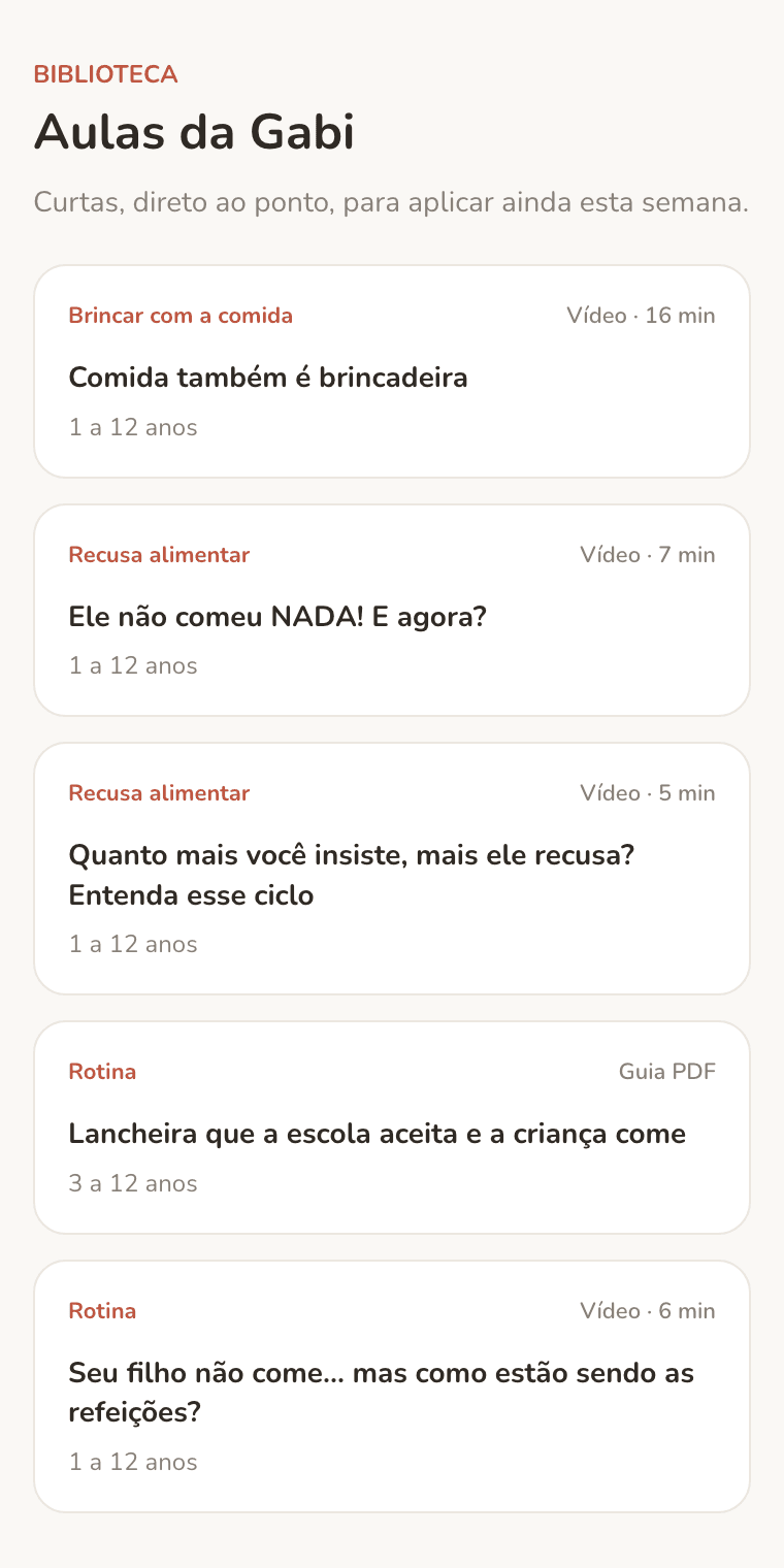 Tela da biblioteca do aplicativo, com as aulas da Gabi organizadas por tema