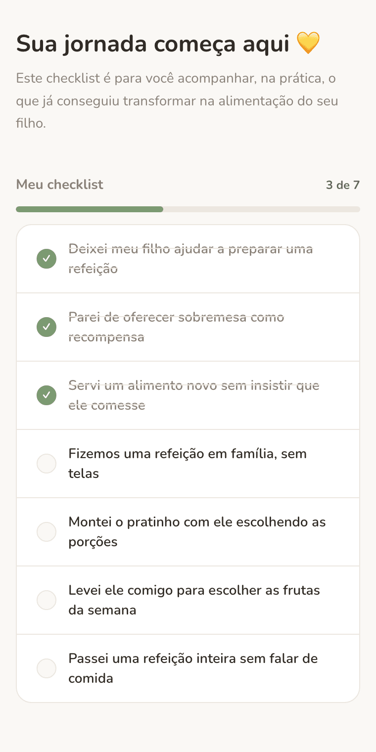 Tela do checklist da jornada, com passos práticos já marcados